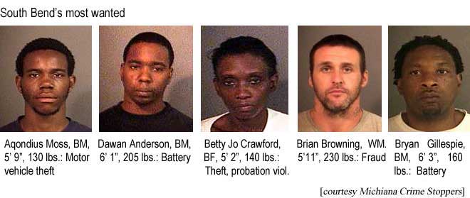 South Bend's most wanted: Aqondius Moss, BM, 5'9", 130 lbs, motor vehicle theft; Dawan Anderson, BM, 6'1", 205 lbs, battery; Betty Jo Crawford, BF, 5'2", 140 lbs, Theft, probation violation; Brian Browning, WM, 5'11", 230 lbs, fraud; Bryan Gillespie, BM, 6'3", 160 lbs, battery (Michiana Crime Stoppers)