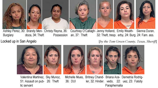 ashlyper.jpg Locked up in San Angelo (by the Tom Green County, Texas, Sheriff): Ashley Perez,30, burglary; Brandy Mendoza, 34, theft; Christy Reyna, 36, possession; Courtney LO'Callaghan, 37, theft; Jenny Holland, 32, theft, tresp.; Emily Weatherby, 24, burg.; Sienna Duran, 24, fam. ass.; Valentina Martinez, 51, assaulg on public servant; Sky Munoz, 26, theft; Michelle Mues, 36, DUI; Britney Chandler,32, hinder.; Briana Acevedo, 22, paraphernalia; Demetria Rodriguez, 23, falsity