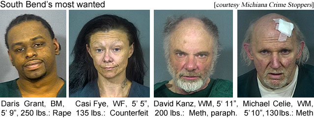 casifyen.jpg South Bend's most wanted: Daris Grant, BM, 5'9", 250 lbs, rape; Casi Fye, WF, 5'5", 135 lbs, counterfeit; David Kanz, WM, 5'11", 200 lbs, meth, paraph; Michael Celie, WM,  5'10", 130 lbs, meth (Michiana Crime Stoppers)