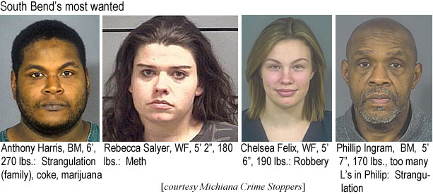 chelseaf.jpg South Bend's most wanted: Anthony Harris, BM, 6', 270 lbs, strangulation (family), coke, marijuana; Rebecca Salyer, WF, 5'2", 180 lbs, meth; Chelsea Felix, WF, 5' 6", 190 lbs, robbery; Phillip Ingram, BM, 5'7", 170 lbs, too many L's in Philip, strangulation (Michiana Crime Stoppers)