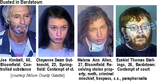 cheyanne.jpg Busted in Bardstown: Joe Kimball, 60,Bloomfield,controlled substance; Cheyanne Dawn Gutknecht, 23, Springfield, contempt of ct.; Melena Ann Allen, 27, Bloomfield, receiving stolen property,meth, criminal mischief, trespass, c.s., paraphernalia; Ezekiel Thomas Stallings, 28, Bardstown, contempt of court (Nelson County Gazette)