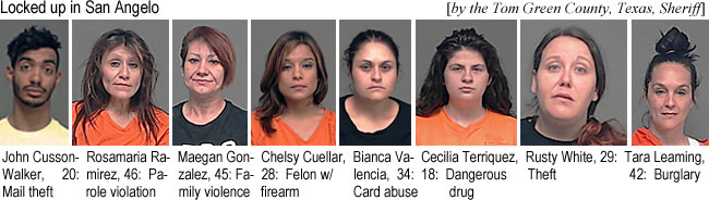 cussonjn.jpg Locked up in San Angelo (by the Tom Green County, Texas, Sheriff): John Cusson-Walker, 20, mail theft; Rosamaria Ramirez, 46, parole violation; Maegan Gonzalez, 45, family violence Chelsy Cuellar, 28, felon w/firrearm; Bianca Valencia, 34, card abuse; Cecilia Terriquez, 18, Dangerous drug; Rusty White, 29, theft; Tara Leaming, 42, burglary