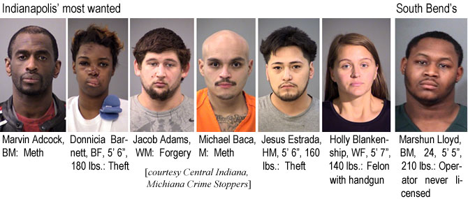 donnicia.jpg Indianapolis' most wanted: Marvin Adcock, BM, meth; Donnicia Barnett, BF, 5'6", 180 lbs, theft; Jacob Adams, WM, forgery; Michael Baca, M, meth; Jesus Estrada, HM, 5'6", 160 lbs, theft; Holly Blankenship, WF, 5'7", 140 lbs, felon with handgun; South Bend's: Marshun Lloyd, BM, 24, 5'5", 210 lbs, operator never licensed (Central Indiana, Michiana Crime Stoppers)