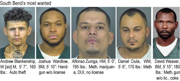 drewbank.jpg South Bend's most wanted: Andrew Blankenship, W (sic) M, 5'7", 160 lbs, auto theft; Joshua Wardlow, BM, 5'10", handgun w/o license;; Alfonso Zuniga, HM, 5'0", 195 lbs, meth,marijuana, DUI, no license; Daniel Ciula, WM, 5'6", 170 lbs, meth; David Weaveer, BM, 5'10", 180 lbs, meth, gun w/o lic.,coke