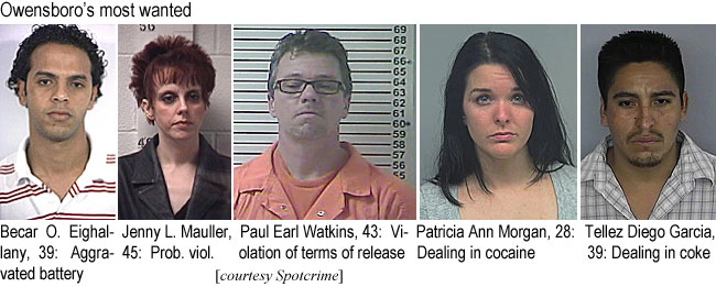 josebrav.jpg Lexington's most wanted (they're back, too); The "featured fugitives of thw week" are Jose Bravo, HM, 21. 5'10", 160 lbs, and Amanda Melgar, WF, 40, 5'11", 130 lbs, burglary; Larry Dunaway, WM, 5'9", 230 lbs, upside down ears; Daniel Roberts II, WM, 28, 5'6", 140 lbs., riding motorcycle through kid's birthday party in city park; Ashley Beaty, WF, 35, 5'3", Yorkshire hog, asleep at the wheel; David Conner Jr., WM, 40, 6'5", 190 lbs, reckless driving (too tall to see through minivan windshield) (pulled kicking and screaming from the Herald-Leader)