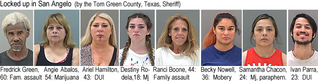 fredgren.jpg Locked up in San Angelo (by the Tom Green County, Texas, Sheriff): Fredrick Green, 60, fam. assault; Angie Abalos, 54, marijuana; Ariel Hamilton, 43, DUI; Destiny Rodela, 18, mj; Ranci Boone, 44, family assault; Becky Nowell, 36, mobery; Samantha Chacon, 24, mj, paraphern.; Ivan Parra, 23, DUI