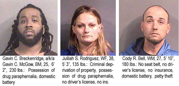 Gavin C. Breckinridge, a/k/a Gavin C. McGow, BM, 25, 6'2", 230 lbs, possession of drug paraphernalia, domestic battery; Julilah S. Rodriguez, WF, 28, 5'3", 135 lbs, criminal deprivation of property, possession of drug paraphernalia, no driver's license, no insurance; Cody R. Bell, WM, 27, 5'10", 180 lbs, no seat belt, no driver's license, no insurance, domestic battery, petty theft