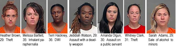 heatmeli.jpg Heather Brown, 29, theft; Melissa Bartlett, 35, inhalant paraphernalia; Terri Hackney, 36, DWI; Jedidiah Watson, 29, assault with a deadly weapon; Amanda Olgun, 30, assault on a public servant; Whitney Clark, 31, theft; Sarah Adams, 29, sale of alcohol to minors