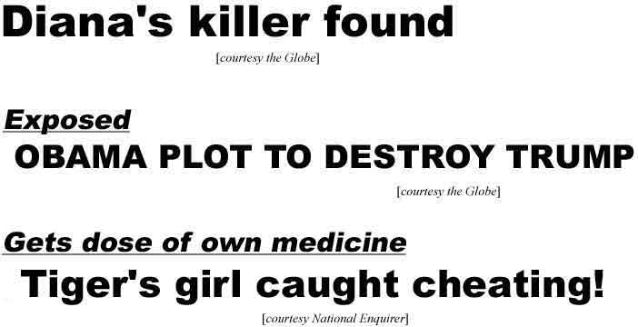 Diana's killer found (Globe); Exposed: Obama plot to destroy Trump (Globe); Gets dose of own medicine: Tiger's girl caught cheating (Enquirer)