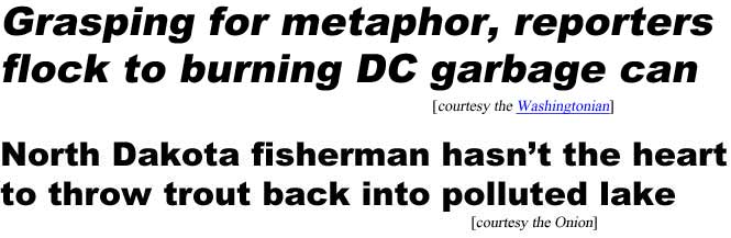 hedtrout.jpg Judd family feud! Wynonna humiliated by Ashley's Trump attack, sick poem has diva doing damage control (National Enquirer, see link to poem below in quotations of the week); Trump creates millions of new jobs for fact checkers (Borowitz Report); Grasphing for metaphor, reporters flock to burning DC garbage can (Washingtonian); North Dakota fisherman hasn't the heart to throw trout back into polluted lake (Onion)