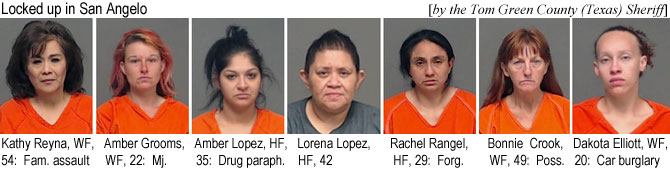 kathyrey.jpg Locked up in San Angelo (by the Tom Green County (Texas) Sheriff): Kathy Reyna, WF. 54, fam. assault; Amber Grooms, WF, 22, mj.; Amber Lopez, HF, 35, drug paraph.; Lorena Lopez, HF, 42; Rachel Rangel, HF, 29, forg.;Bonnie Crook, WF, 49, poss.; Dakota Eliot, WF, 20, car burglary