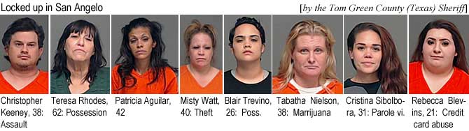 keeneytr.jpg Locked up in San Angelo (by the Tom Green County (Texas) Sheriff): Christopher Keeney, 38, assault; Teresa Rhodes, 62, possession; Patricia Aguilar, 42; Misty Watt, 40, theft; Blair Trevino, 26, poss.; Tabatha Nielson, 38, marijuana; Cristina Sibolbora, 31, parole vi.; Rebecca Blevins, 21, credit card abuse