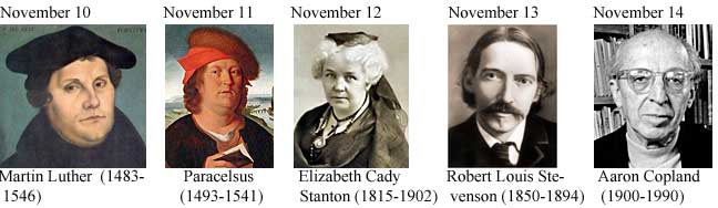 Martin Luther (1483-1546), Paracelsus (1493-1541), Elizabeth Cady Stanton (1815-1902), Robert Louis Stevenson (1850-1894), Aaron Copland (1900-1990)