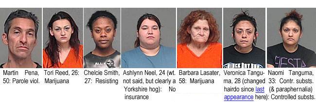 ntanguma.jpg Martin Pena, 50, parole viol.; Tori Reed, 26, marijuana; Chelcie Smith, 27, resisting; Ashlynn Neel, 24 (wt. not said, but clearly a Yorkshire hog), no insurance; Barbara Lasaater, 58, maijuana; Veronica Tanguma, 28 (changed hairdo since last appearance here), controlled substs.; Naomi Tanguma, 33, contr.substs. (& paraphernalia)