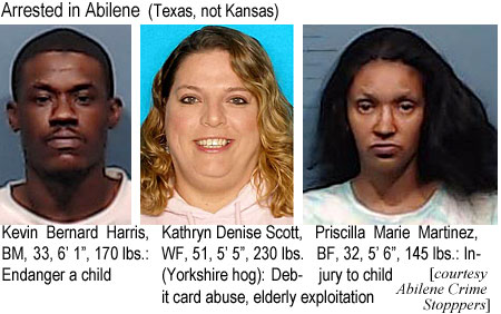 priscilla.jpg Arrested in Abilene (Texas, nolt Kansas): Kevin Bernard Harris, BM, 33, 6'1", 170 lbs, endanger a child; Kathryn Denise Scott, WF, 51, 5'5", 230 lbs (Yorshire hog), debit card abuse, elderly exploitation; Priscilla Marie Martinez, BF, 32, 5'6", 145 lbs, injury to child (Abilene Crime Stoppers)