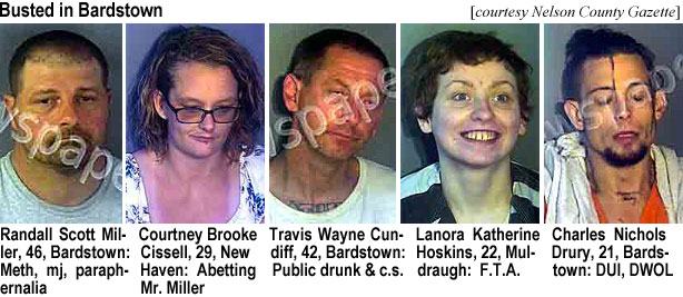 randalsc.jpg Busted in Bardston (Nelson County Gazette): Randall Scott Miller, 46, Bardstown, meth, mj, paraphernalia; Courtney Brooke Cissell, 29, New Haven, abetting Mr.Miller; Travis Wayne Cundiff, 42, Bardstown, public drunk & c.s.; Lanora Katherine Hoskins, 22, Muldraugh, f.t.a.; Charles Nichols Drury, 21, Bardstown, DUI, DWOL