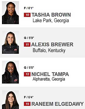 raneem04.jpg F/6'1" 10 Tashia Brown, Lake Park, Georgia; G 5'9" 11 Alexis Brewer, Buffalo, Kentucky; G 5'5" 12, Nichel Tampa, Alpharetta, Georgia; F 6'4", 15, Raneem Elgedawy, Alexandria, Egypt