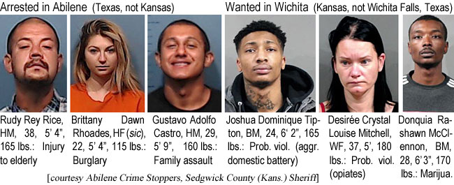 rudyreyr.jpg Arrested in Abilene (Texas, not Kansas): Rudy Rey Rice, HM, 38, 5'4", 165 lbs, injury to elderly; Brittany Dawn Rhoades, HF(sic), 22, 5'4", 115 lbs, burglary; Gustavo Adolfo Castro, HM, 29, 5''9", 160 lbs, family assault; Joshua Dominique Tipton, BM, 24, 6'2", 165lbs, prob. viol. (aggr. domestic battery); Desorée Crystal Louise Mitchell, WF, 37, 5', 180 lbs, prob.viol. (opiates); Donquia Rashawn McClennon, BM, 28, 6'3", 170 lbs, marijua (Abilene Crime Stoppers, Sedgwick County (Kans.) Sheriff)