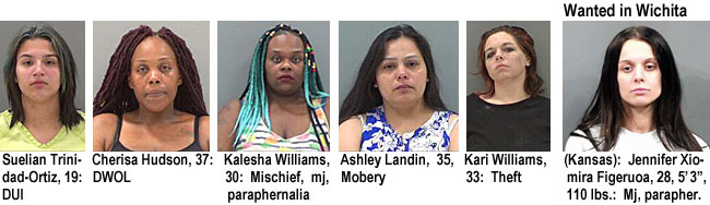 sueliant.jpg Suelian Trinidad-Ortiz, 19, DUI; Cherisa Hudson, 37,DWOL; Kalesha Williams, 30,mischief,mj,paraphernalia; Ashley Landin, 35, mobery; Kari Williams,33, theft; Wanted in Wichita (Kansas): Jennifer Xiomira Figeruoa, 28, 5'3", 110 lbs, mj, parapher.