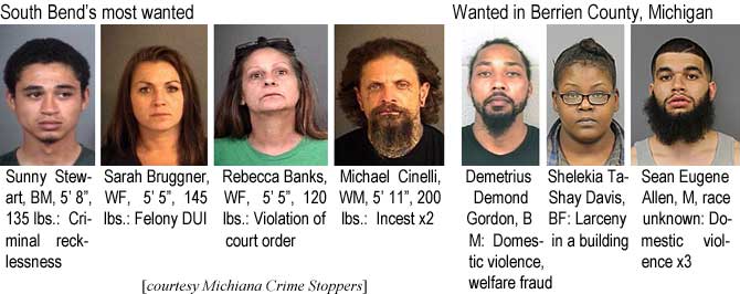 sunnysar.jpg South Bend's most wanted: Sunny Stewart, BM, 5'8", 135 lbs, criminal recklessness; Sarah Bruggner, WF, 5'5", 145 lbs, felony DUI; Rebecca Banks, WF, 5'5", 130 lbs, violation of court order; Michael Cinelli, 5'11", 200 lbs, incest x2; Wanted in Berrien County, Michigan: Demetrius Demond Gordon, BM, domestic violence, welfare fraud; Shelekia Ta-Shay Davis, BF, larceny in a building; Sean Eugene Allen, M, race unknown, domestic violence x3 (Michiana Crime Stoppers)