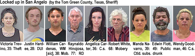 trevinov.jpg Locked up in San Angelo (by the Tom Green County, Texas, Sheriff): Victoria Trevino, 35, theft; Justin Hardee, 28, DUI; William Cardenas, WM [sic], 38, mob; RaynaldoHinojosa,77, RD; Angelica Carter, 36k, c.s.; Robert White, 68, mobery; Manda Navarro,39, Ctld.subs.; Edwin Flott, 49, public drunk; Wendy Goodman, 46, c.s.