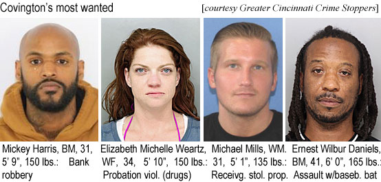 weartzel.jpg Covington's most wanted (Greater Cincinnati Crime Stoppers): Mickey Harris, BM, 31, 5'9", 150 lbs, bank robbery; Elizabeth Michelle Weartz, WF, 34, 5'10", 150 lbs, probation viol (drugs); Michael Mills, WM, 31, 5'1", 135 lbs, receivg. stol prop.; Ernest Wilbur Daniels, BM, 41, 6'0", 165 lbs, assault w/baseb. bat