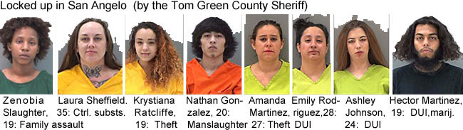 zenobias.jpg Locked up in San Angelo (by the Tom Green CountySheriff): Zenobia Slaughter, 19, family assault; Laura Sheffield, 35, ctrl. substs.; Krystiana Ratcliffe, 19, theft; Nathan Gonzalez, 20, manslaughter; Amanda Martinez, 27, theft; Emily Rodriguez, 28, DUI; Ashley Johnson, 24, DUI; Hector Martinez, 19, DUI, marij.