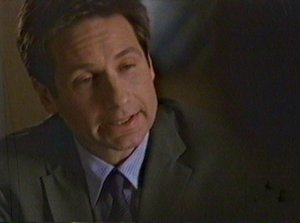 In an amusing but childish display of pique Mulder uses the tabbaco executive's annoying tactics to sidestep a question.