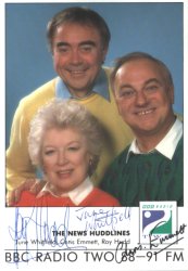 6x4 colour photocard signed by the Huddlines team - Roy Hudd, June Whitfield and Chris Emmett