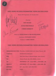 Huddlines script from June 15 2000 - signed by June Whitfield, Roy Hudd and Chris Emmett