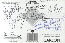 6x4 colour Carry On Again Doctor postcard signed by Liz Fraser, Barbara Windsor, Fenella Fielding, Bill Pertwee, Sir Norman Wisdom and Dame Thora Hird