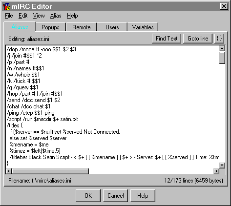 view of alias editing with the mIRC editor