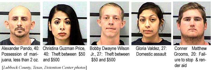 Arrested in Lubbock: Alexander Pando, possession of marijuana, less than 2 ounces; Chirstina Guzman Price, 40, theft between $50 and $500; Bobby Dwayne Wilson Jr., 27, theft between $50 and $500; Gloria Valdez, 27, domestic assault; Conner Matthew Grooms, 20, Failure to stop and render aid (Lubbock County Texas Detention Center photos)