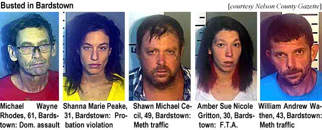 ambersue.jpg Busted in Bardstown (Nelson County Gazette): Michael Wayne Rhodes, 61, Bardstown, dom. assault; Shanna Maarie Peake, 31, Bardstown, probation violation; Shawn Michael Cecil, 49, Bardstown, meth traffic; Amber Sue Nicole Gritton, 30, Bardstown, f.t.a.; William Andrew Wathen, 43 Bardstown, meth traffic