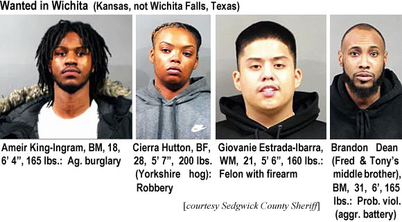 ameirkin.jpg Wanted in Wichita (Kansas, not Wichita Falls, Texas): Ameikr-King-Ingram, BM, 18, 6'4", 165 lbs, ag. burglary; Cierra Hutton, BF, 18, 5'7", 200 lbs, Yorkshire hog, robbery; Giovanie Estrada-Ibarra, WM, 21, 5'6", 160 lbs, felon with firearm; Brandon Dean (Fred & Tony's middle brother), BM, 31, 6', 165 lbs, prob. viol. (aggr. battery) (Sedgwick County Sheriff)