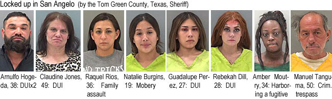 amulfoho.jpg Locked up in San Angelo (by the Tom Green County, Texas, Sheriff): Amulfo Hodega, 38, DUIx2; Claudine Jones, 49, DUI; Raquel Rios, 36, family assault; Natalie Burgins, 19, mobery; Guadalupe Perez, 27, DUI; Rebekah Dill, 28, DUI; Amber Moutry, 34, harboring a fugitive; Manuel Tanguma, 50, crim. trespass