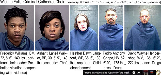 ashantil.jpg Wichita Falls Criminal Cathedral Choir (Wichita Falls (Texas, not Wichita, Kas.) Crime Stoppers): Frederick Williams, BM, 22, 5'6", 140 lbs, baritone,choir leader, probation violation (tampering with evidence); Ashanti Lanell Walker, BF, 30, 5'5", 140 lbs, contralto, theft; Heather Dawn Langford, WF, 36, 6', 130 lbs, soprano, child abandonment; Pedro Anthony Chapa, HM, 52, 6'0", 175 lbs, bass, drugs; David Wayne Hendershot, WM, 35, 6'2", 222 lbs, tenor, drugs