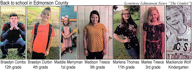 backskul.jpg Back to school in Edmonson County (Edmonson News "The Gimlet"): Bradeyn Combs, 12th, Braedyn Durbin, 1st, Maddie Merryman, 1st, Madison Treece, 9th, Marlena Thomas, 11th, Marlee Treece, 3rd, Mackenzie Wolf, Kindergarten