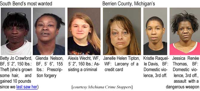 bettyjoc.jpg South Bend's most wanted: Betty Jo Crawford, BF, 5'2", 150 lbs, theft (she's grown some hair and gained 10 pounds since we last saw her); Glenda Nelson, BF, 5'6", 155 lbs, prescription forgery; Alexis Wecht, WF, 5'2", 160 lbs, assisting a criminal; Berrien County, Michigan's: Janelle Helen Tipton, WF, larceny of a credit card; Kristle Raquelle Davis, BF, domestic violence, 3rd off.; Jessica Renée Thomas, BF, domestic violence, 3rd off., assault with a dangerous weapon (Michiana Crime Stoppers)