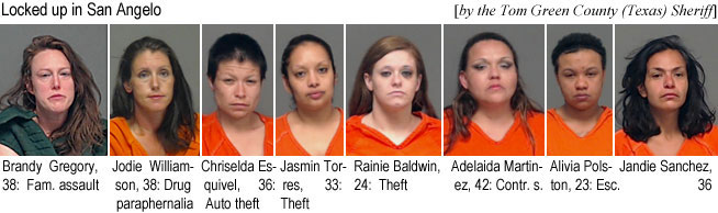 branjodi.jpg Locked up in San Angelo (by the Tom Green County (Texas) Sheriff): Brandy Gregory, 38, fam. assault; Jodie Williamson, 38, drug paraphernalia; Chriselda Esquivel, 36, auto theft; Jasmin Torres, 33, theft; Rainie Baldwin, 24, theft; Adelaida Martinez, 42, contr. s.; Alivia Polston, 23, esc.; Jandie Sanchez, 36