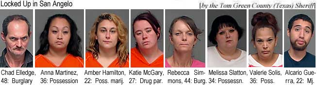 chadanna.jpg Locked up in San Angelo (by the Tom Green County, Texas, Sheriff): Chad Elledge, 48, burglary; Anna Martinez, 36, possession; Amber Hamilton, 22, poss. marij.; Katie McGary, 27, drug par.; Rebecca Simmons, 44, burgl; Melissa Slatton, 34, possessn.; Valerie Solis, 36, poss.; Alcario Guerra, 22, mj.