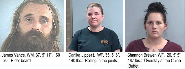 dankalip.jpg James Vance, WM, 37, 5'11", 160 lbs, rider beard; Danika Lippert, WF, 35, 5'6", 140 lbs, rolling in the joints; Shannon Brewer, WF, 26, 5'5", 187 lbs, overstay at the China Buffet