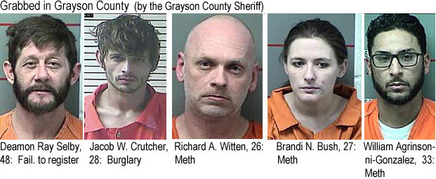 deamonsr.jpg Wanted in Grayson County (by the Grayson County Sheriff): Deamon Ray Selby, 48, fail. to register; Jacob W. Cutcher, 28, burglary; Richard A. Witten, 26, meth; Brandi N. Bush, 27, meth; Willaim Agrinsonni-Gonzalez, 33, meth