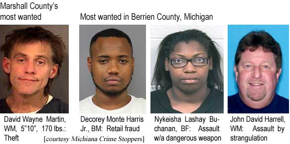 Marshall County's most wanted: David Wayne Martin, WM, 5'10", 170 lbs, theft; Most wanted in Berrien County, Michigan: Decorey Monte Harris Jr., BM, retail fraud; Nykeisha Lashay Buchanan, BF, assault w/a dangerous weapon; John David Harrell, WM, assault by strangulation (Michiana Crime Stoppers)