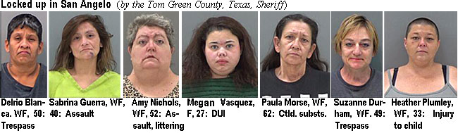 delriobl.jpg Locked up in San Angelo (by the Tom Green County Sheriff): Delrio Blanca, WF, 50, trespass; Sabrina Guerra, WF, 40, assault; Amy Nichols,WF, .52, assault. littering; Megan Vasquez, WF, 27, DUI; Paula Morse, WF., 62, ctld. substs.; Suzanne Durham, WF, 49, trespass; Heather Plumley, WF, 33, injury to child