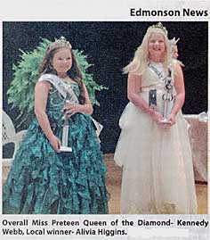 diamyork.jpg Edmonson News: Overall Miss Preteen Queen of the Diamond - Kennedy Webb, Local winnter - Alvia Higgins