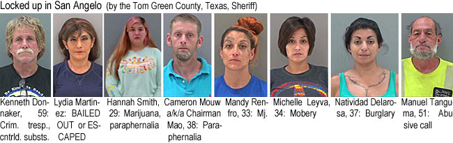 donnaker.jpg Locked up in San Angelo (by the Tom Green County, Texas, Sheriff): Kenneth Donnaker, 59, crim tresp,cntrld substs; Lydia Martinez, BAILED OUT or ESCAPED; Hannah Smith, 29, marijuana, paraphernalia; Cameron Mouw a/k/a Chairman Mao, 38, paraphernalia; Mandy Renfro, 33, mj; Michelle Leyva, 34, mobery; Natividad Delarosa, 37, burglary; Manuel Tanguma, 51, abusive call