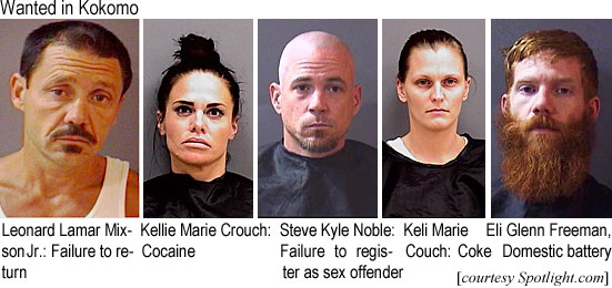 glennfre.jpg Wanted in Kokomo: Leonard Lamar Mixson Jr., failure to return; Kellie Marie Crouch, cocaine; Steve Kyle Noble, failure to register as sex offender; Keli Marie Couch, coke; Eli Glenn Freeman, domestic battery (Spotcrime)