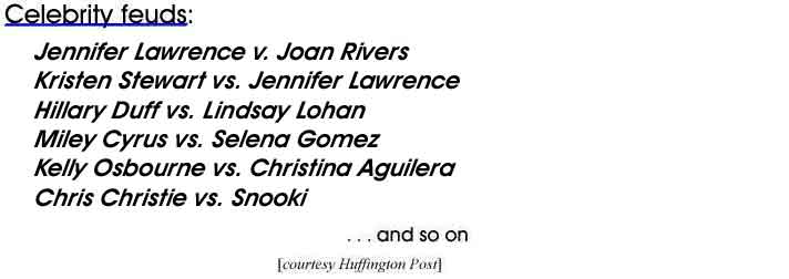 Celebrity feuds: Jennifer Lawrence vs. Joan Rivers, Kristen Stewart vs. Jennifer Lawrence, Hillary Duff vs. Lindsay Lohan, Miley Cyrus vs. Selena Gomez, Kelly Osbourne vs. Christina Aguilera, Chris Christie vs. Snooki (Huffington Post)