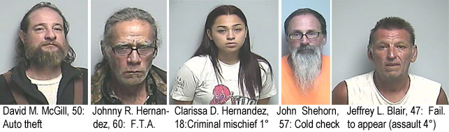 hernandz.jpg David M. McGill, 50, auto theft; Johnny R. Hernandez, 60, f.t.a.; Clarissa D. Hernandez, 18, criminal mischief 1°; John Shehorn, 57, cold check; Jeffrey L. Blair, 47, fail. to appear (assault 4°)